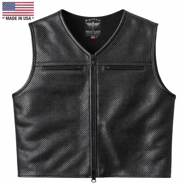 Legendary Beatdown™ Perforated Leather Cropped Motorcycle Vest – V Neck Collar