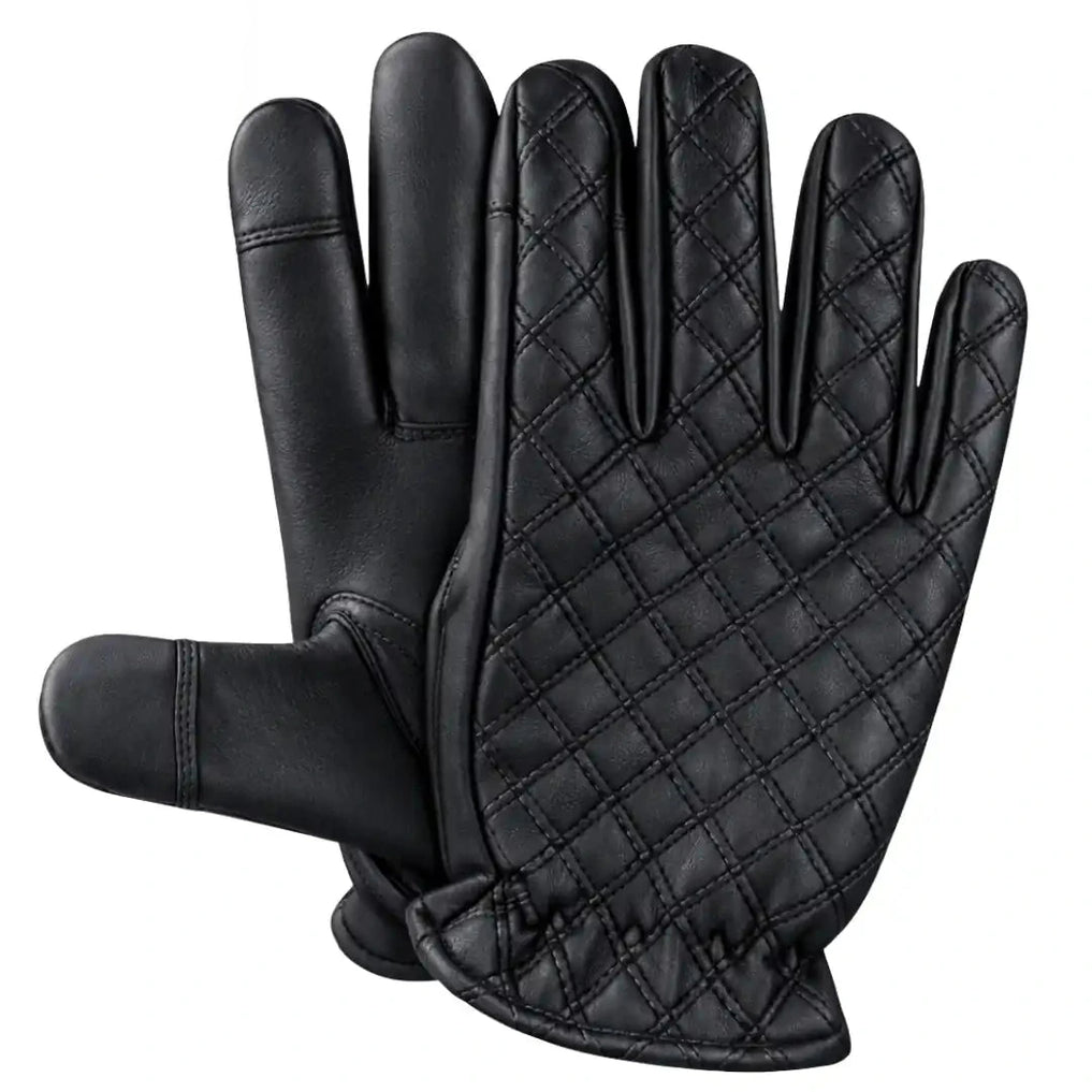 Front view of Legendary short wrist black deerskin gloves, with brand detailing visible