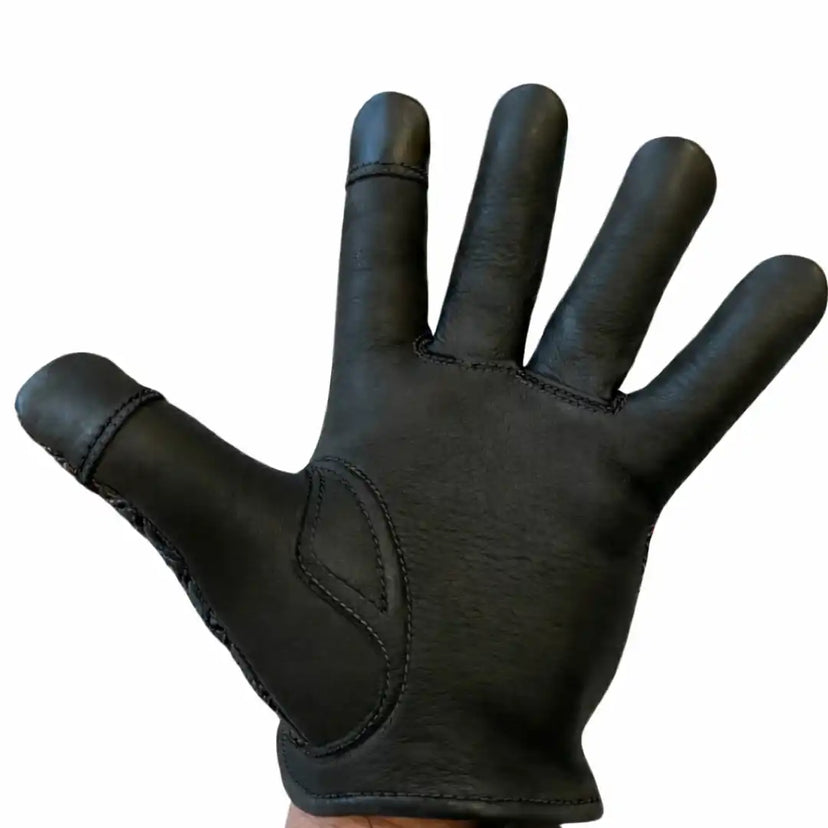 Open view of Legendary short wrist black deerskin gloves, showing additional product detail
