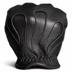 Side view of Legendary short wrist black deerskin gloves, highlighting stitching and material grain