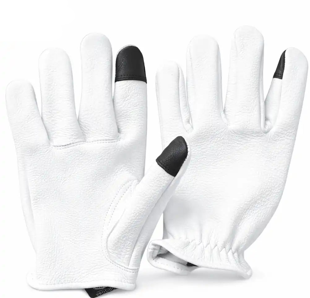 Front-facing shot of Legendary short wrist white deerskin gloves, shown on plain studio background