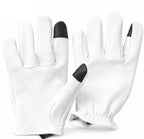 Front-facing shot of Legendary short wrist white deerskin gloves, shown on plain studio background