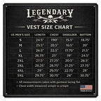 Size chart for the Legendary Ole Blue Men's Denim Vest with body measurements to help find your fit made in USA