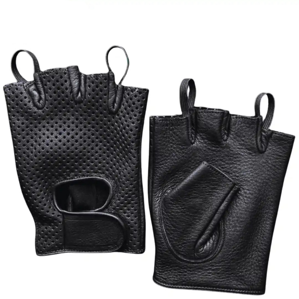 Front view featuring Legendary fingerless deerskin gloves, with brand detailing visible