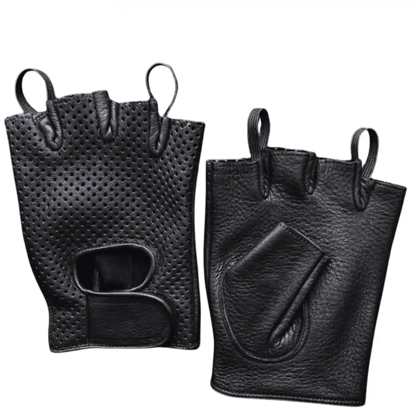 Front view featuring Legendary fingerless deerskin gloves, with brand detailing visible