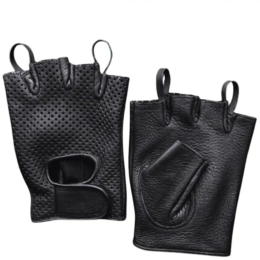 Front view featuring Legendary fingerless deerskin gloves, with brand detailing visible