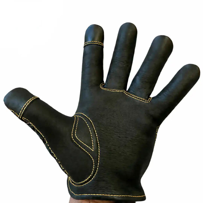 Detail view of Legendary short wrist gold deerskin gloves, showing additional product detail