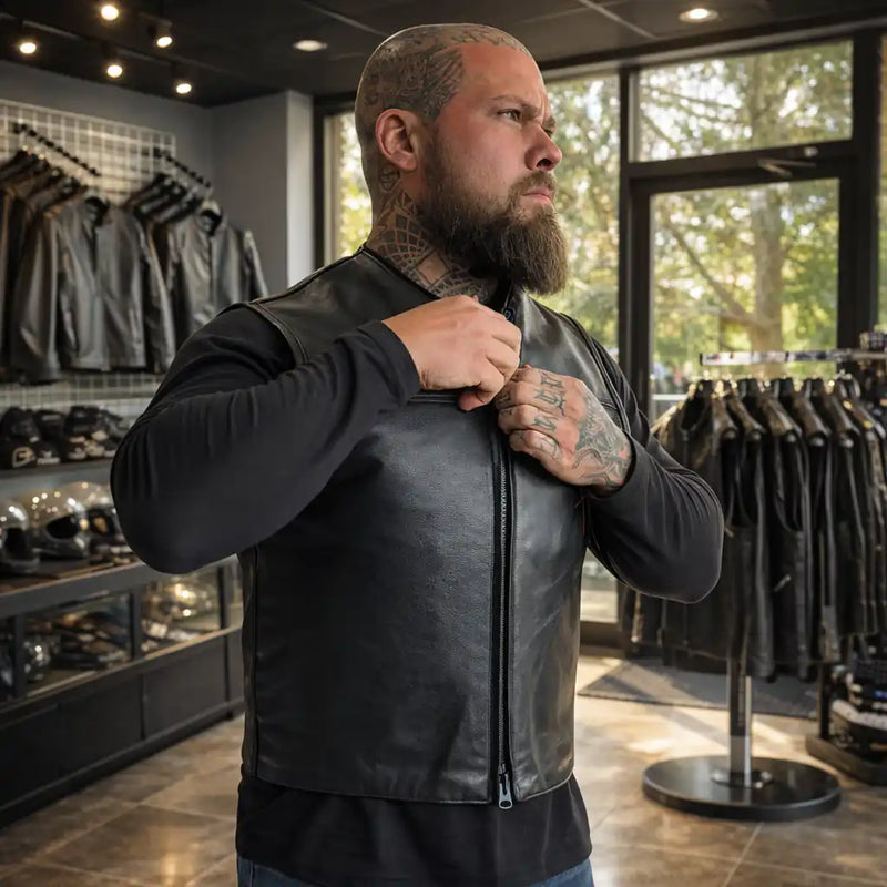 man wearing a leather vest standing in Legendary USA shop in Brick, NJ 08724
