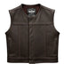 Main view of Legendary Lowlife cropped chocolate leather motorcycle vest, with brand detailing visible