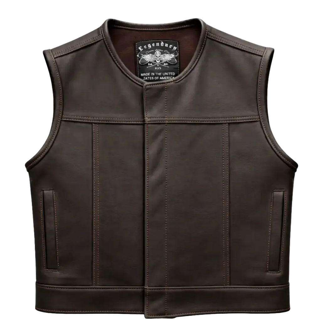 Main view of Legendary Lowlife cropped chocolate leather motorcycle vest, with brand detailing visible