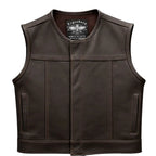 Main view of Legendary Lowlife cropped chocolate leather motorcycle vest, with brand detailing visible