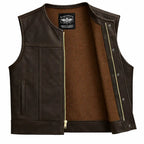 Rear view of Legendary Lowlife cropped chocolate leather motorcycle vest, highlighting construction detail