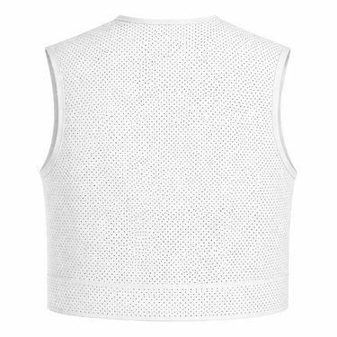 Detail view of Legendary perforated white perforated leather motorcycle vest, with hardware and stitching visible