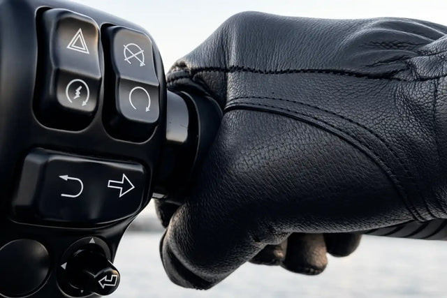 Rear view of Legendary short wrist black goatskin gloves, with hardware and stitching visible