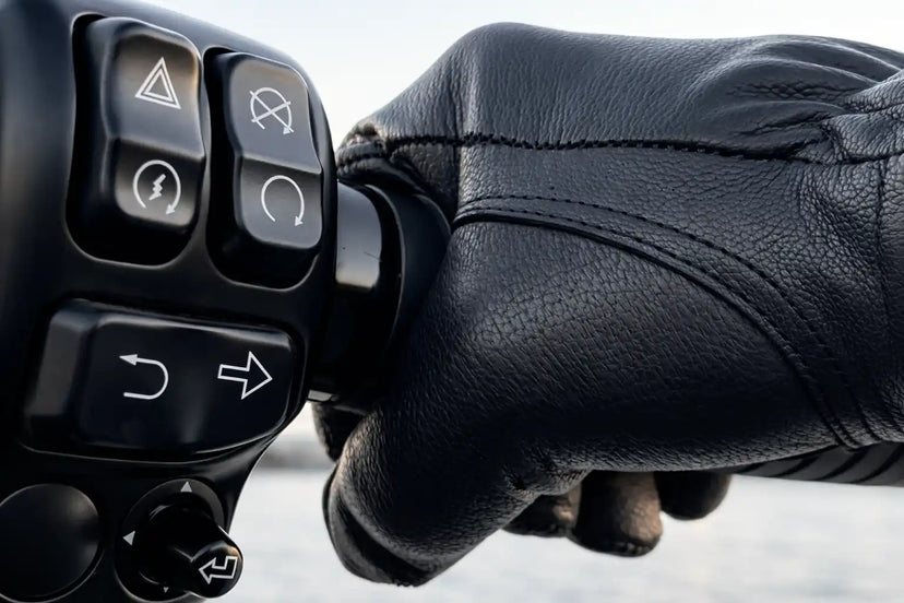 Rear view of Legendary short wrist black goatskin gloves, with hardware and stitching visible