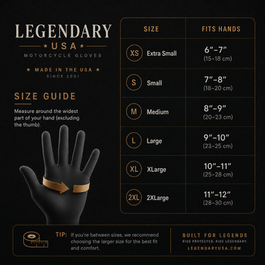 Glove size guide for Legendary Bad Billy Black Goatskin Short Wrist Gloves — measure around the widest part of your hand to find your size