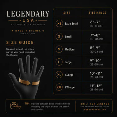 Glove size guide for Legendary Bad Billy Black Goatskin Short Wrist Gloves — measure around the widest part of your hand to find your size