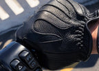 Rear view of Legendary short wrist black deerskin gloves, with hardware and stitching visible