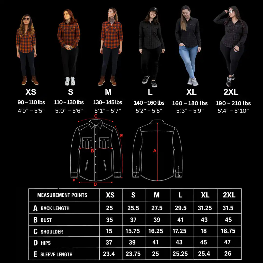Size chart for the Legendary No Life™ Series Women's Black & Brown Flannel Shirt Limited Edition with body measurements