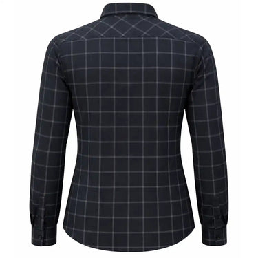 Legendary No Life series women’s black and white flannel shirt back view on white background