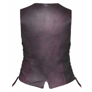 Construction detail of women's purple leather motorcycle vest, with closer view of trim and finish