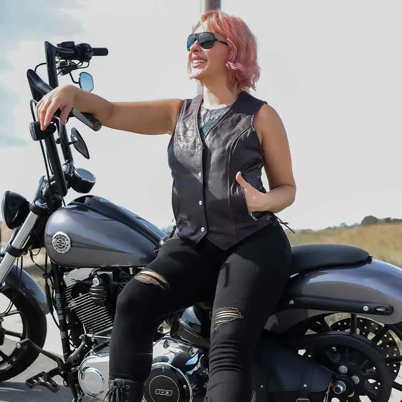 Lilly Women's Purple Leather Motorcycle Vest in purple leather — view 6 of 8