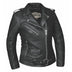Front view featuring Lola women's leather motorcycle jacket, shown on plain studio background