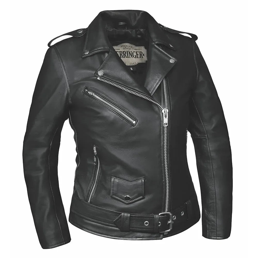 Front view featuring Lola women's leather motorcycle jacket, shown on plain studio background