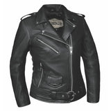 Front view featuring Lola women's leather motorcycle jacket, shown on plain studio background