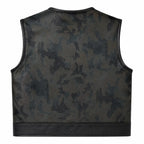 Legendary LowLife Camo Leather Club Vest back view showing the black cowhide panel made in USA