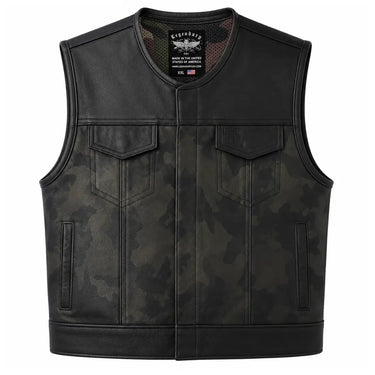 Legendary LowLife Camo Leather Club Vest front view showing the black cowhide design made in USA