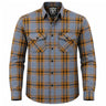 Legendary No Life Plaid Flannel Riding Shirt in grey, blue, and orange — men's front view