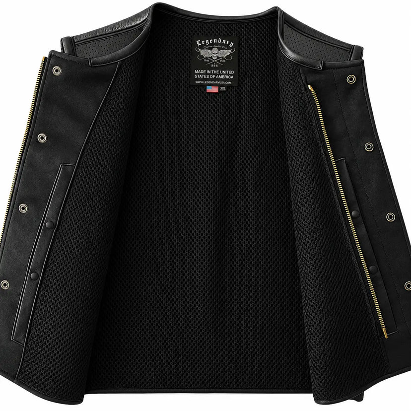 Interior lining of the Legendary LowLife Z Perforated Black Leather Vest showing the pockets and finish made in USA