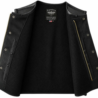Interior lining of the Legendary LowLife NOP Perforated Leather Club Vest showing the pockets and finish made in USA