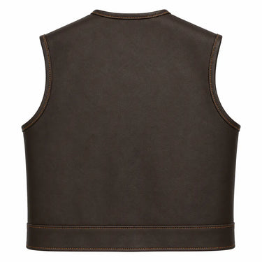 Legendary LowLife NCP Dark Chocolate Leather Vest back view showing the black cowhide panel made in USA