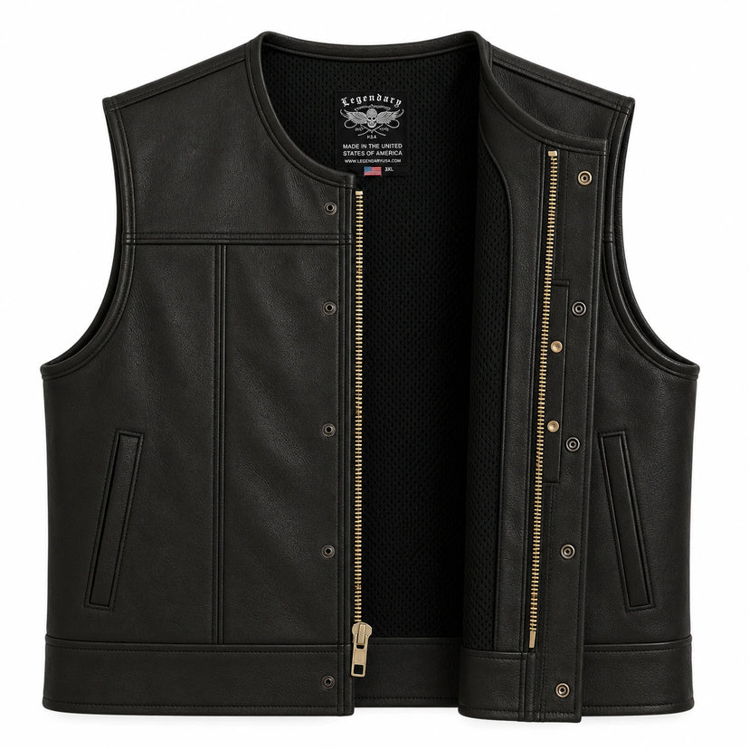 Legendary Lowlife NCP Black Leather Club Vest in black cowhide made in USA, a motorcycle vest