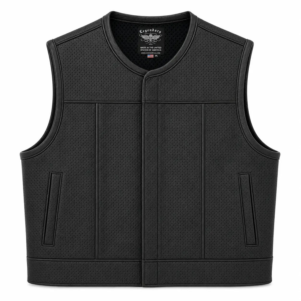 Legendary LowLife NCP Perforated Leather Club Vest in black cowhide made in USA, a motorcycle vest