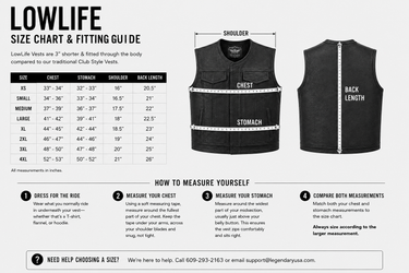 Size chart for the Legendary Lowlife Z Dark Chocolate Leather Vest with body measurements to help find your fit made in USA