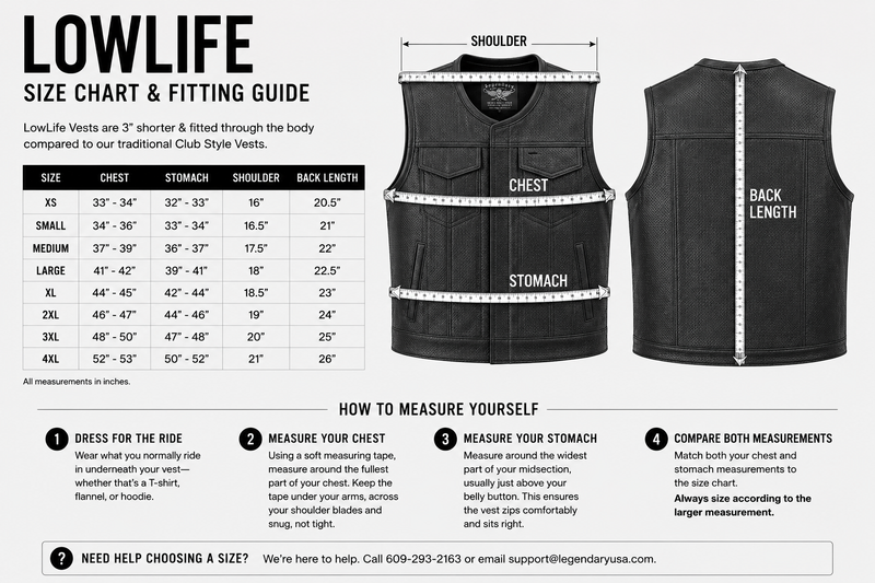 Legendary LowLife NCP Dark Chocolate Cropped Fitted Leather Club Style Motorcycle Vest — size chart