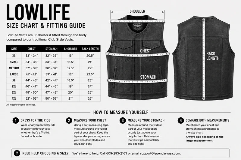 Size chart for the Legendary 'White Monster' Perforated Leather Club Vest with body measurements to help find your fit