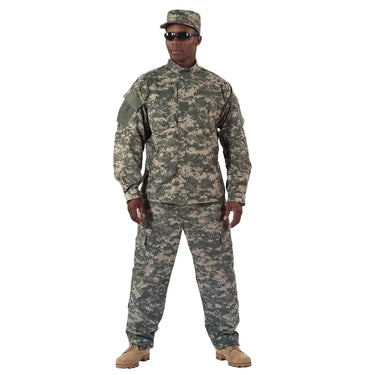 Side angle of Mens Camo Combat Uniform Shirt by Rothco, highlighting construction detail