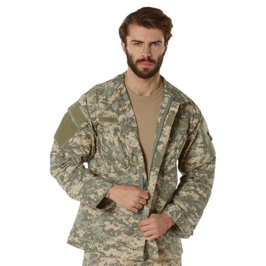 Construction detail of Mens Camo Combat Uniform Shirt by Rothco, showing detailed construction features