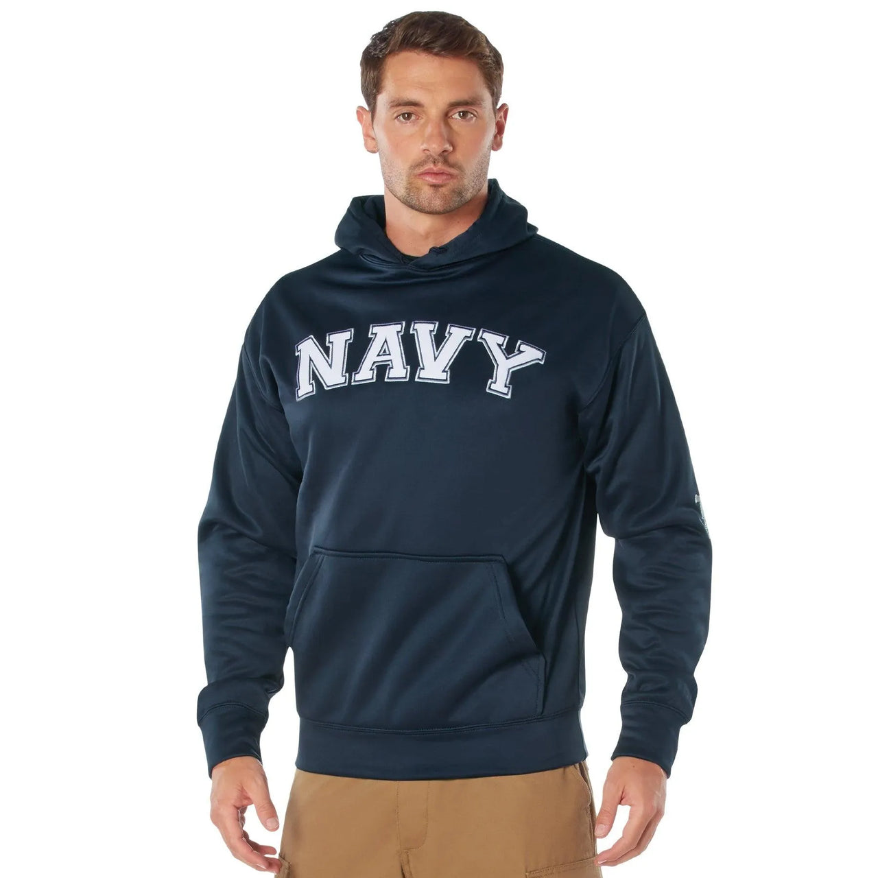 Detail view of Navy Embroidered Pullover Hoodie, highlighting construction detail