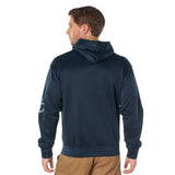 Close-up of Navy Embroidered Pullover Hoodie, showing detailed construction features