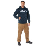 Lifestyle view of Navy Embroidered Pullover Hoodie, highlighting back construction