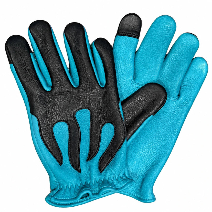 Spitfire Neon Blue Flame Gloves back view showing the black deerskin panel made in USA