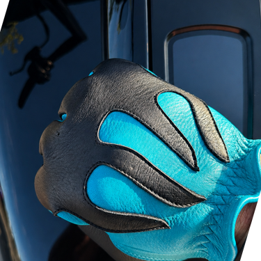 Legendary 'Spitfire' Neon Blue/Black Flame Deerskin Short Wrist Touchscreen Motorcycle Gloves