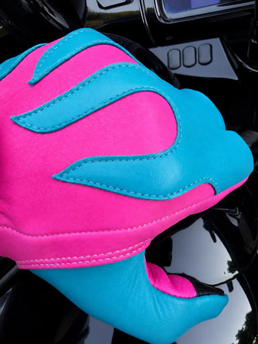 Spitfire Neon Pink/Blue Gloves in blue deerskin made in USA, a motorcycle glove — view 3 of 4