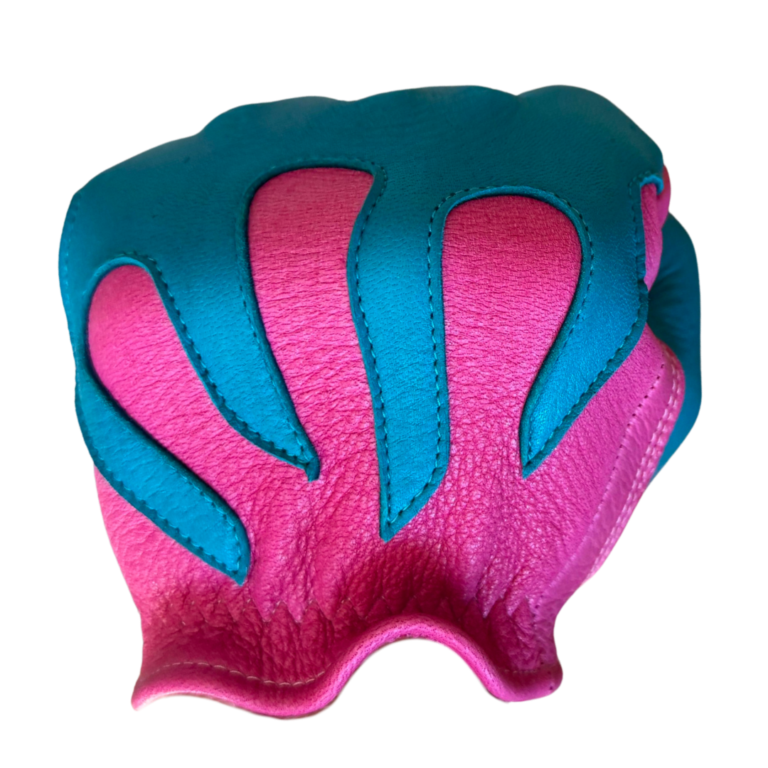 Legendary 'Spitfire' Neon Pink/Neon Blue Deerskin Short Wrist Touchscreen Motorcycle Gloves