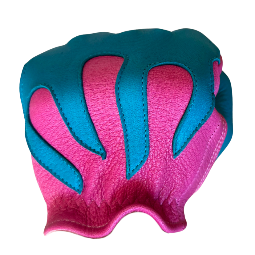 Legendary 'Spitfire' Neon Pink/Neon Blue Deerskin Short Wrist Touchscreen Motorcycle Gloves